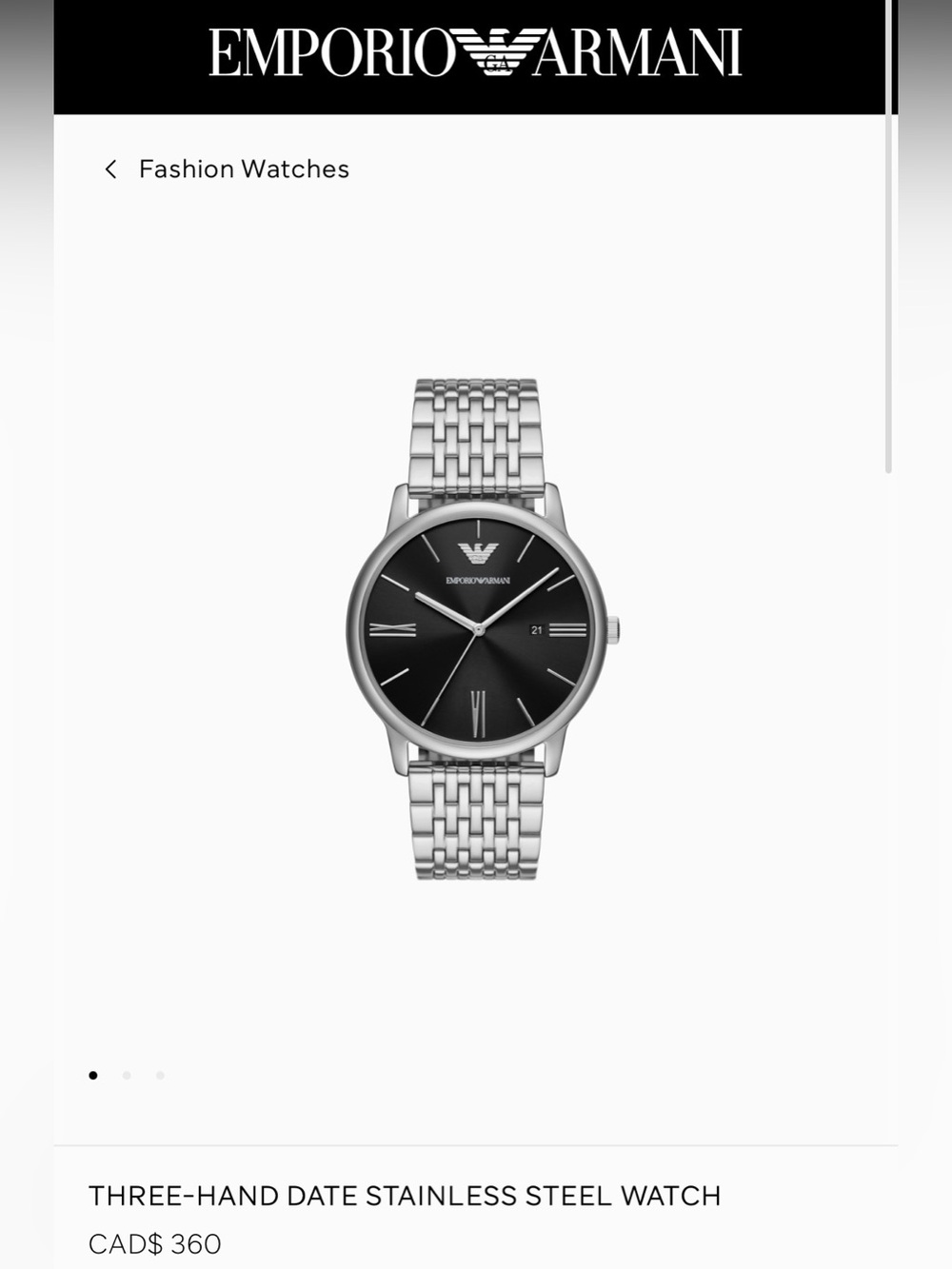 Emporio Armani Silver Bracelet Watch with Black Dial